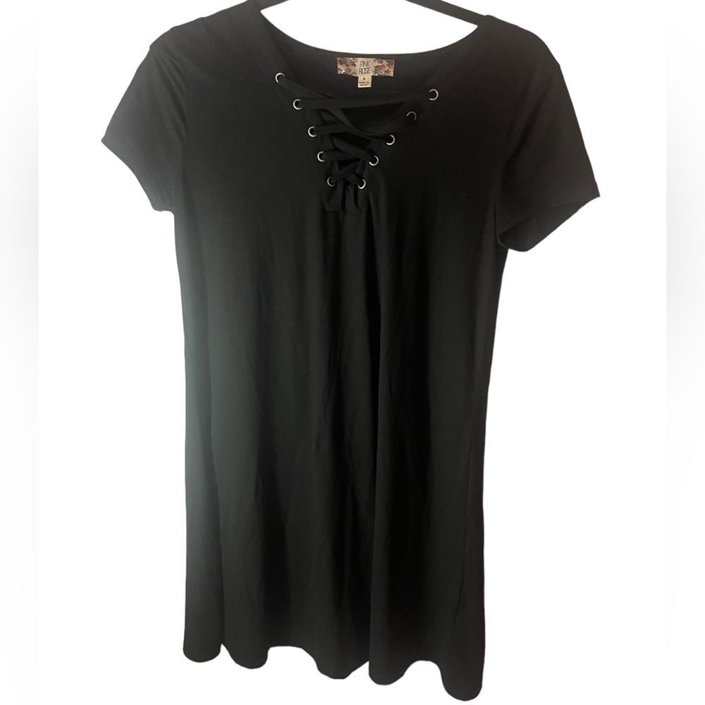 Pink rose front tie black t shirt dress size medium